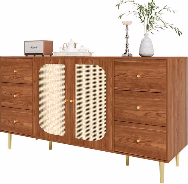 Madia Chicfurn in MDF e Rattan con 2 Ante e 6 Cassetti, Colore Marrone, per Cucina e Soggiorno, L/P/H: 160 x 40 x 90 cm