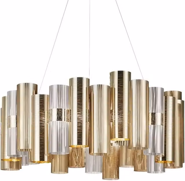 Lampada a sospensione Slamp La Lollo in stile Mid-Century, colore oro/ottone, con tecnologia LED dimmabile e luce calda multicolore