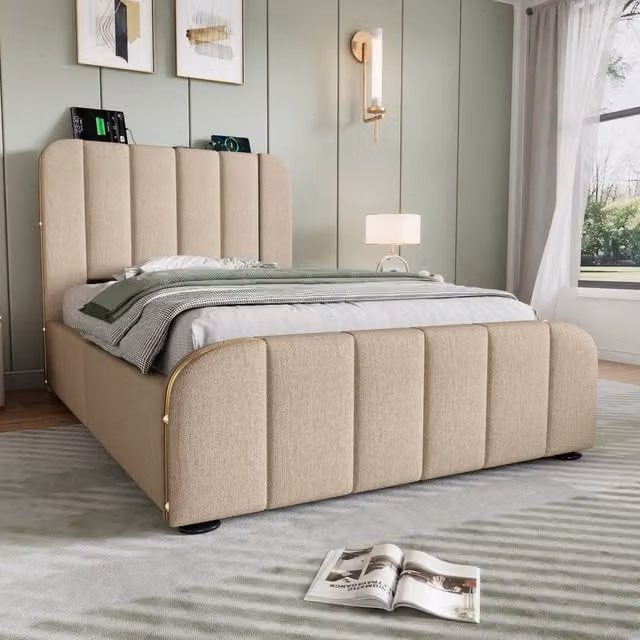 Letto contenitore singolo 90×200 cm con vano idraulico, USB e Type-C, materasso H3 incluso, lino beige