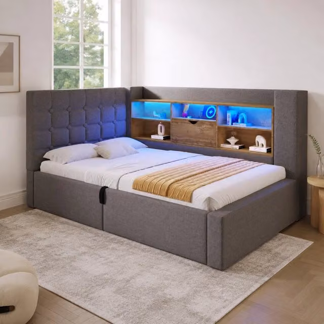 Letto singolo imbottito 90 × 200 cm con LED prese USB vano contenitore in lino grigio con rete a doghe