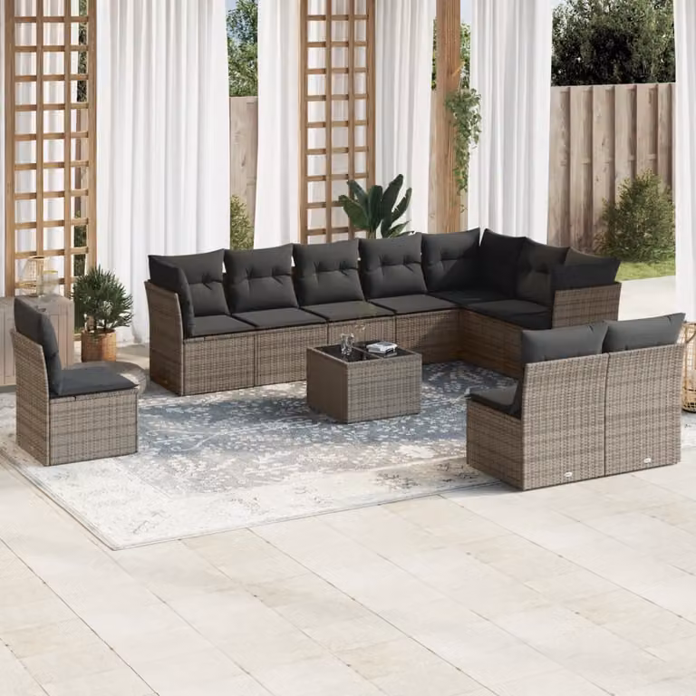 vidaXL Set Divani da Giardino 11 pz con Cuscini e Tavolino in Polyrattan Grigio