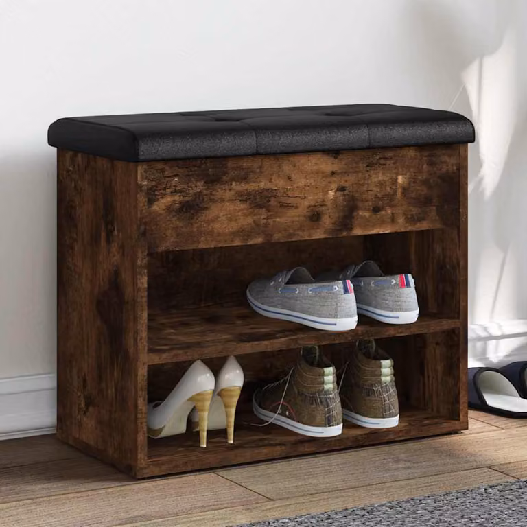 Panca porta scarpe vidaXL in legno rovere con seduta in ecopelle marrone e nera L 62 cm x P 32 cm x H 50 cm