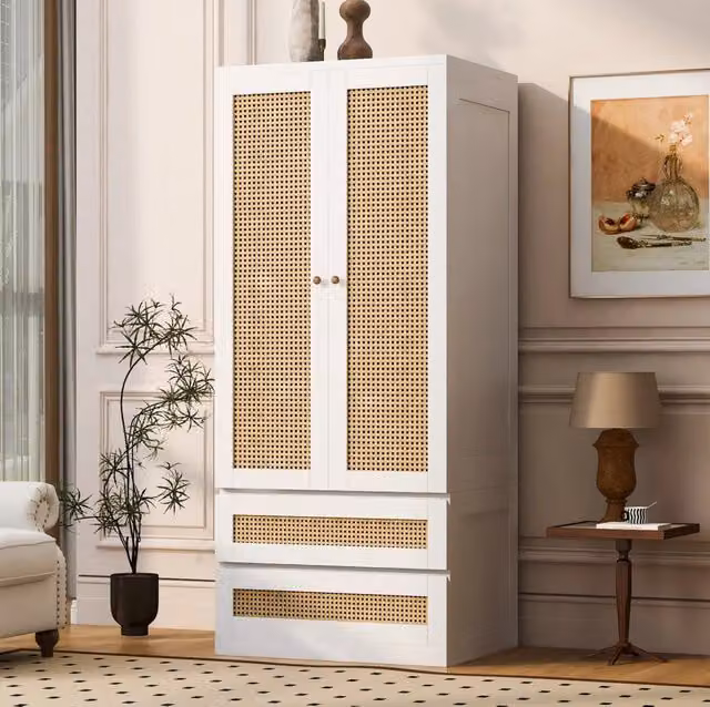 Armadio ULEVR 70x55x170 cm con 2 ante effetto rattan, 2 cassetti e ampio vano interno, bianco