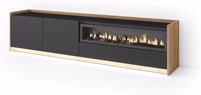 Mobile TV Soggiorno, 207x50x37 cm, Per TV fino a 80", Camino elettrico, LED, Nero e rovere