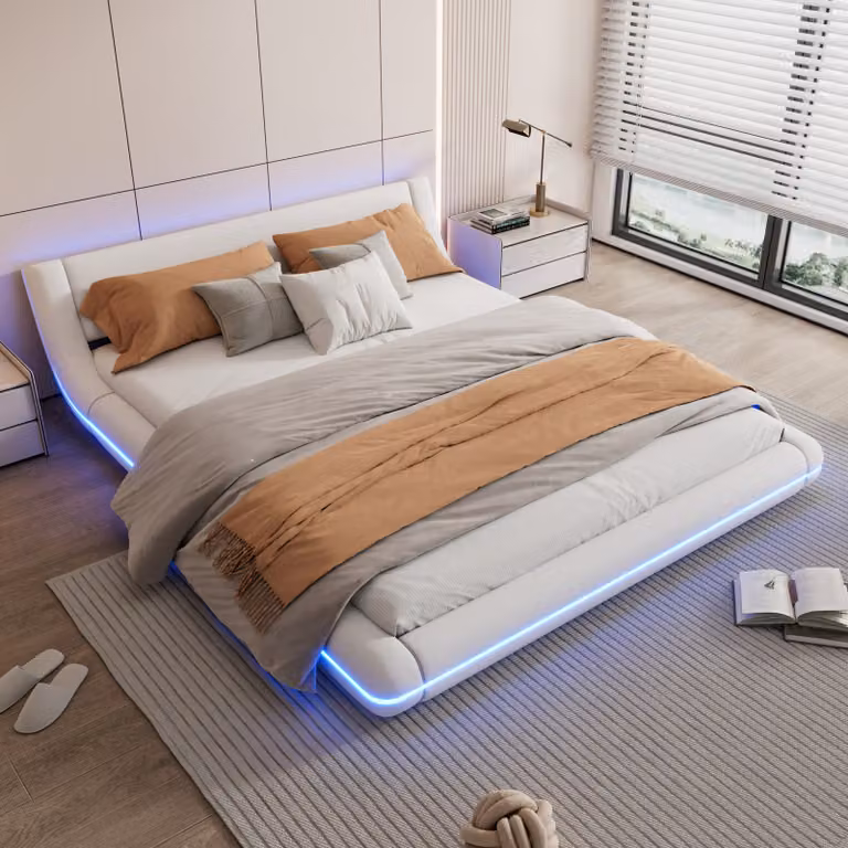 Letto imbottito Abrihome 160x200cm con LED e rete a doghe, letto piatto da pavimento, telecomando a 24 tasti, bianco