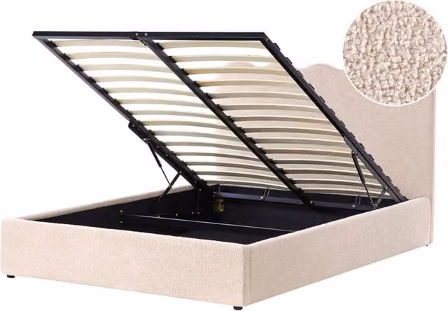 Letto in bouclé imbottito color beige 140 x 200 cm contenitore elevabile con testiera e rete a doghe