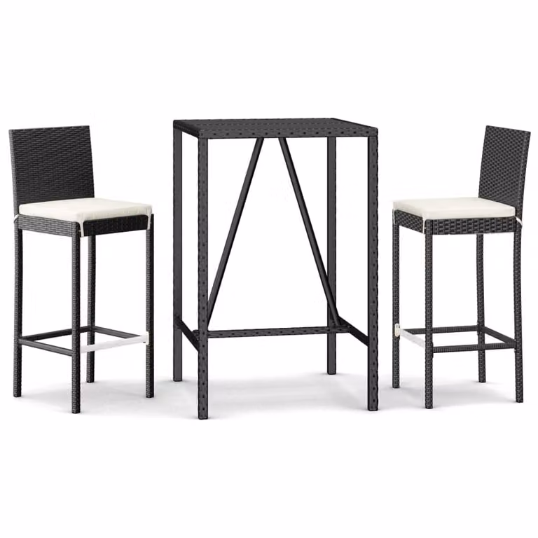 Set Bar da Giardino 3 pz con Cuscini in Polyrattan Nero