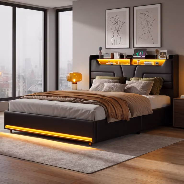 Letto imbottito INONEFT, 140x190 cm, con spazio contenitore, letto per ragazzi/matrimoniale con porta USB e LED, letto con sistema di sollevamento idraulico e spazio contenitore, rete a listelli, rivestimento in PU, colore nero