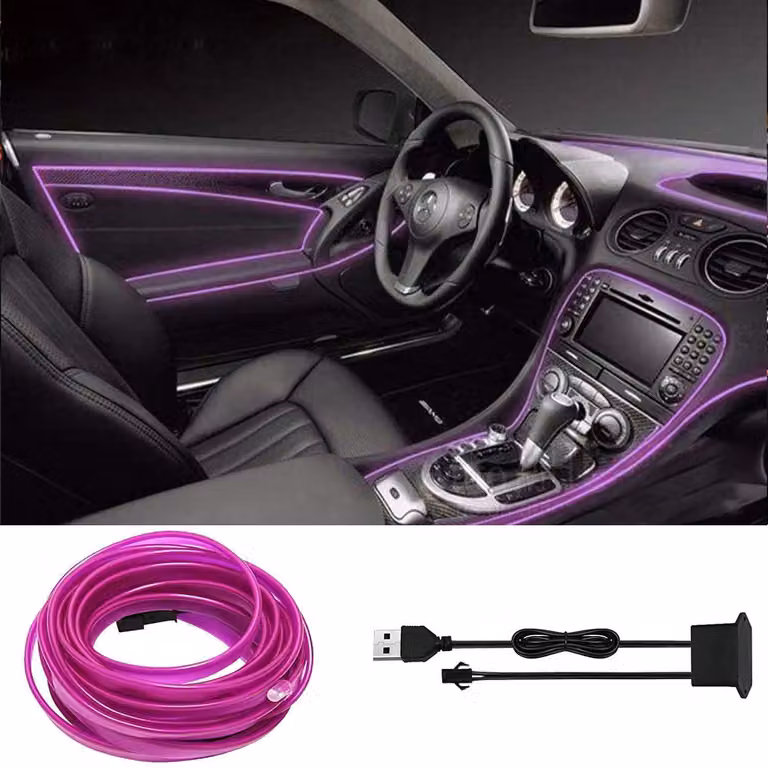 Illuminazione interna LED per auto, 5 metri, viola, impermeabile, striscia LED per illuminazione d'ambiente, alimentazione USB