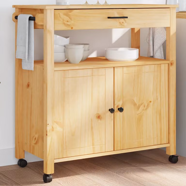 vidaXL Carrello da Cucina MONZA in Legno Massello di Pino, Colore Marrone Ambra, L/P/H: 84 x 40 x 88,5 cm