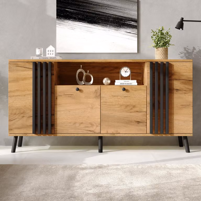 Mobile contenitore laterale Merax con 4 ante e 6 gambe in legno massello, armadio contenitore in MDF, capacità di carico di 45 kg, mobile per la sala da pranzo, mobiletto, legno nero