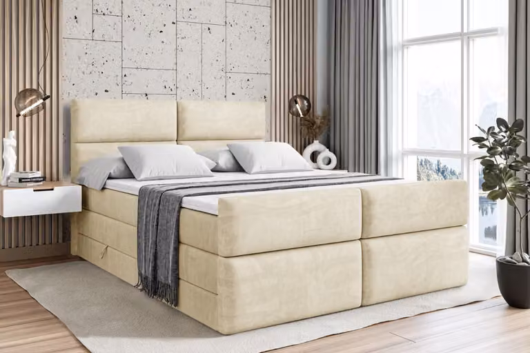 Letto boxspring ALTDECOR con pediera, 2 materassi e topper - 160x200 cm - BOXI3-Z KING - Velluto beige - Letto imbottito con materassi H3 e H4, contenitore e rete a doghe, letto con contenitore