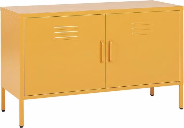 Credenza Beliani in acciaio giallo con 2 ante e mensole interne, design industriale per casa e ufficio, L: 100 cm, P: 40 cm, H: 65 cm – 1