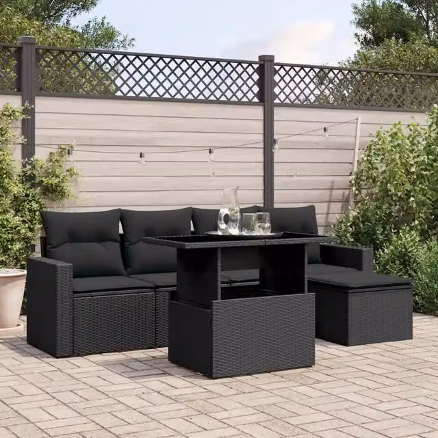 Set Divano da Giardino 6 pz con Cuscini Nero in Polyrattan 3267235