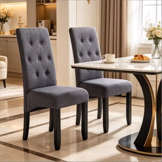 Chaise da pranzo senza braccioli con schienale alto ergonomico e piedini antiscivolo set 2 in lino e legno massello grigio scuro
