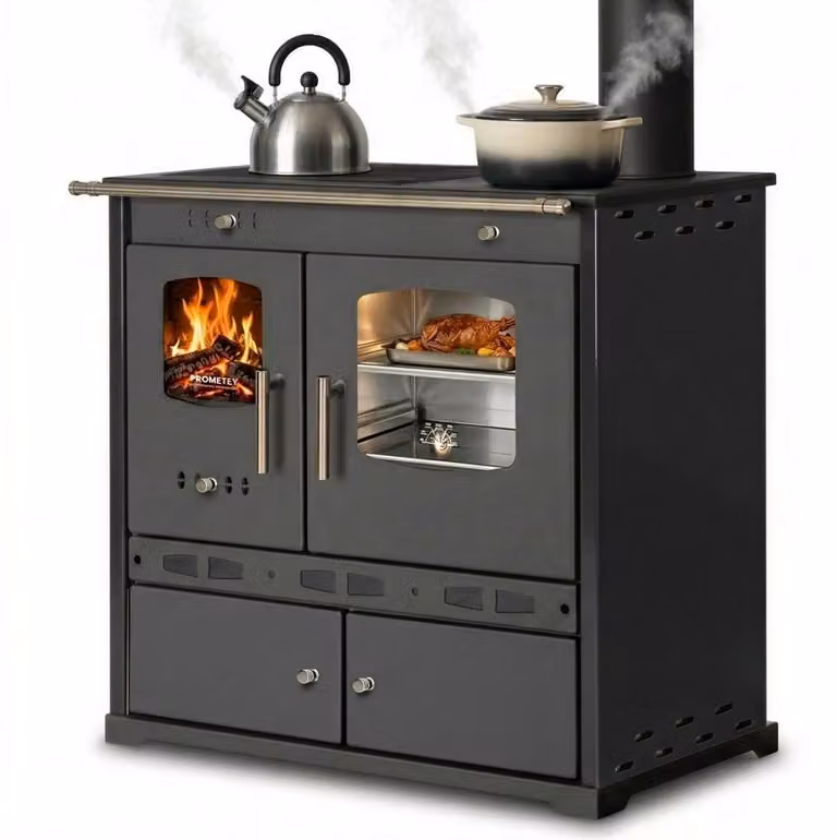 Fornello a legna ECO LUX INOX, forno in acciaio inossidabile, nero, versione destra