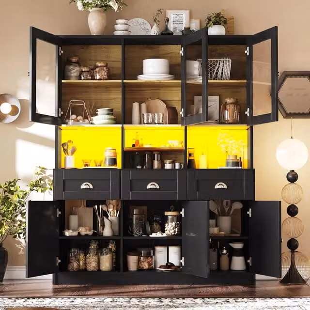 Mobile da cucina WISHDOR moderno in MDF nero opaco con illuminazione integrata, 6 ante e ripiani interni, L: 140 cm, P: 40 cm, H: 175 cm