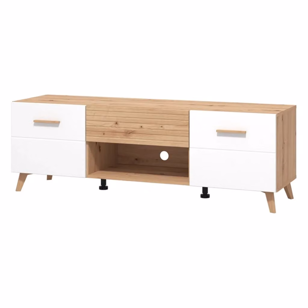 Mobile porta TV Morengo DMORA con un cassetto, design moderno in legno bianco e quercia, L: 147.5 cm, P: 41.5 cm, H: 49 cm – 2