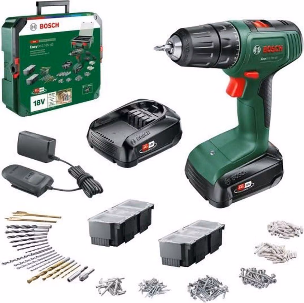 Bosch EasyDrill 18V 40 drill driver + 2 x 18V 1.5Ah batteries + Systembox with 241 accessories + charger AL1810CV 06039D8007