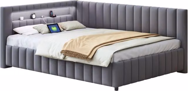 Letto a Divanetto Moderno in Velluto Grigio con Illuminazione LED, Porta USB e Schienale Imbottito L/P: 140 x 200 cm