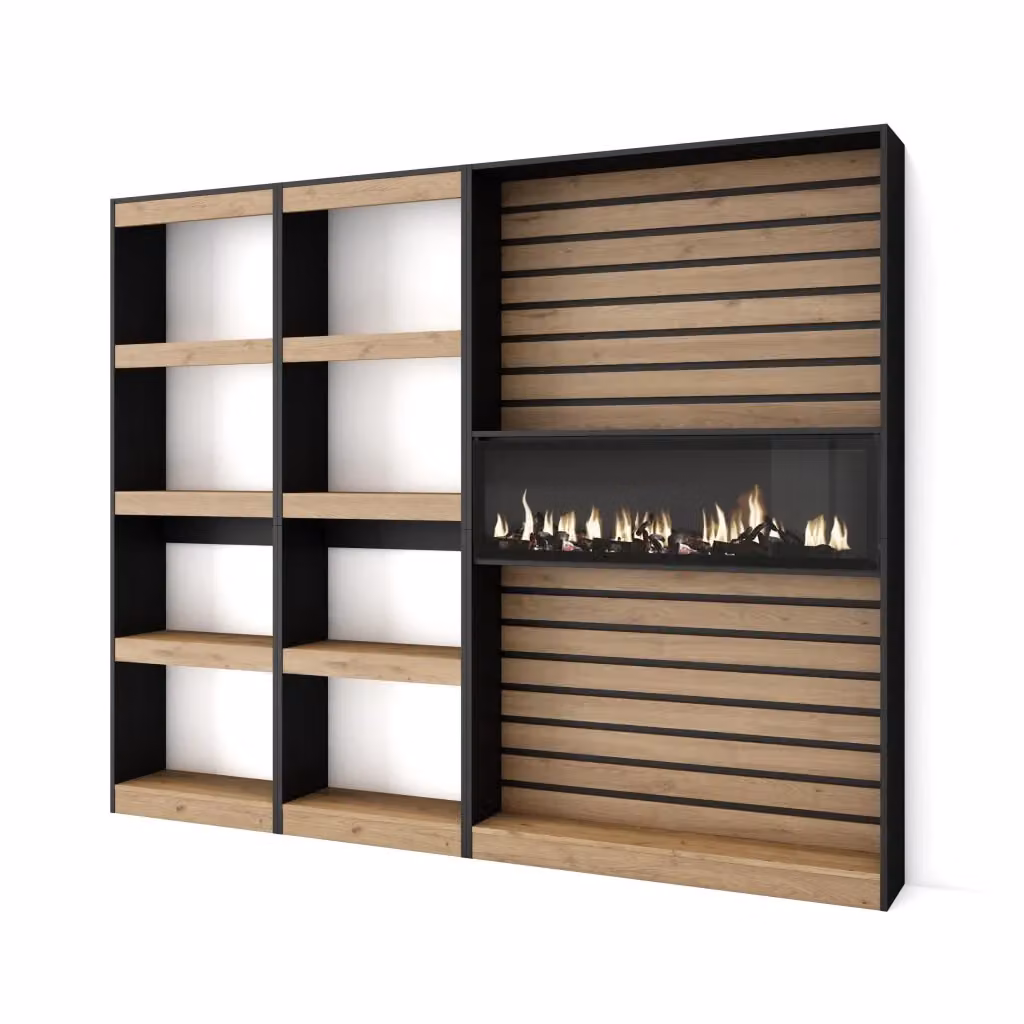 Libreria scaffale con camino elettrico SKRAUT HOME per soggiorno o ufficio, colore Rovere e nero, L: 230 cm, P: 25 cm, H: 186 cm – 2