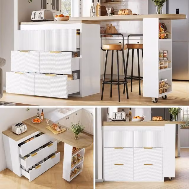 Banco Bar con 6 Cassetti, Mobile Cucina Sideboard con Sicurezza Antiribaltamento, Tavolo Multifunzione Girevole a 360° come Tavolo da Pranzo, Home Bar o Scrivania per Soggiorno, Cucina, Ristorante