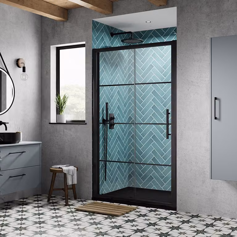 Box Doccia con Porta Scorrevole Nera e Piatto in Ardesia - 1200mm x 880mm - Piatto Doccia Grigio Chiaro
