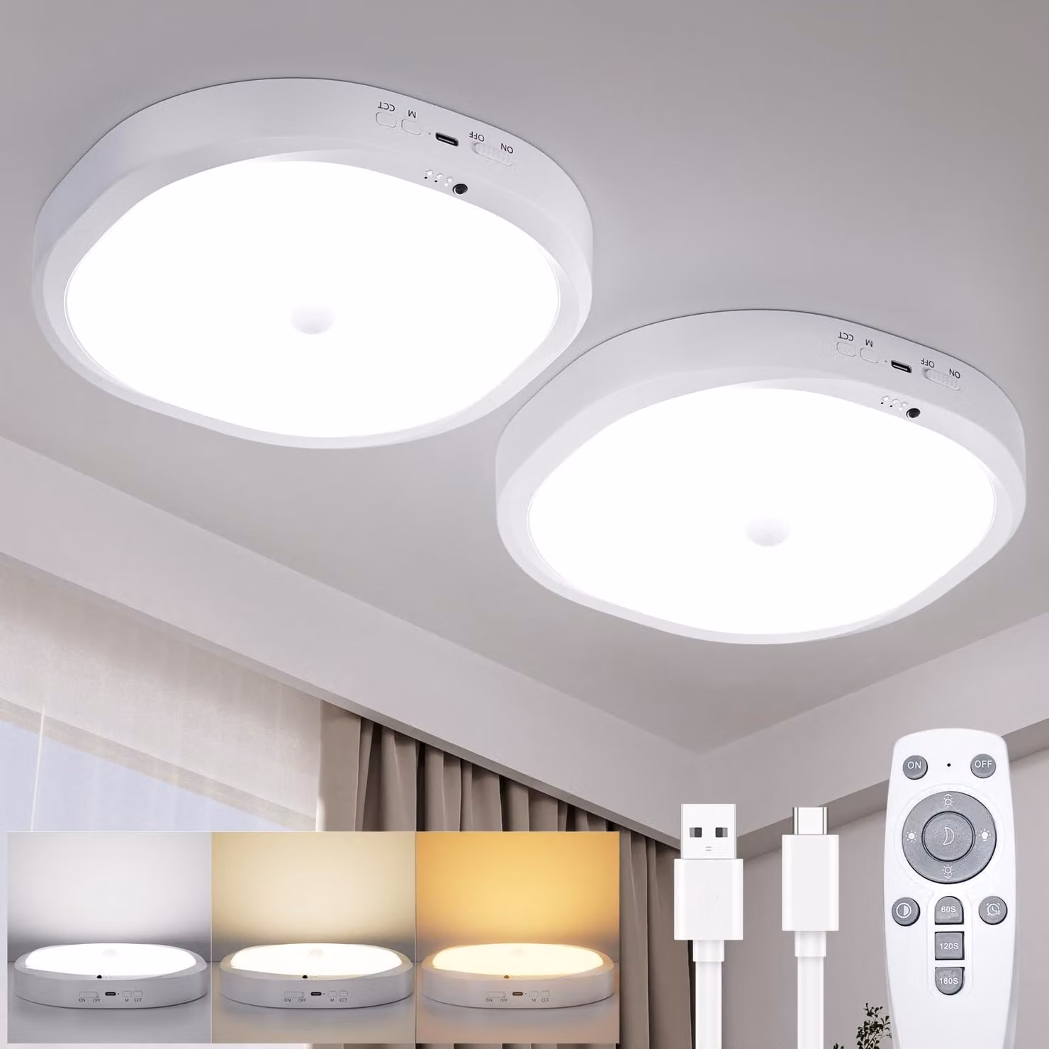 Lampada da soffitto a batteria con sensore di movimento, confezione da 2, capacità 10.000 mAh, luminosità 550 lm
