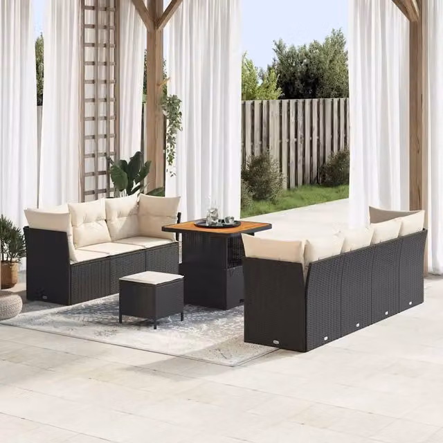 Set Divano da Giardino con cuscino 10 pcs Nero e crema 3363395