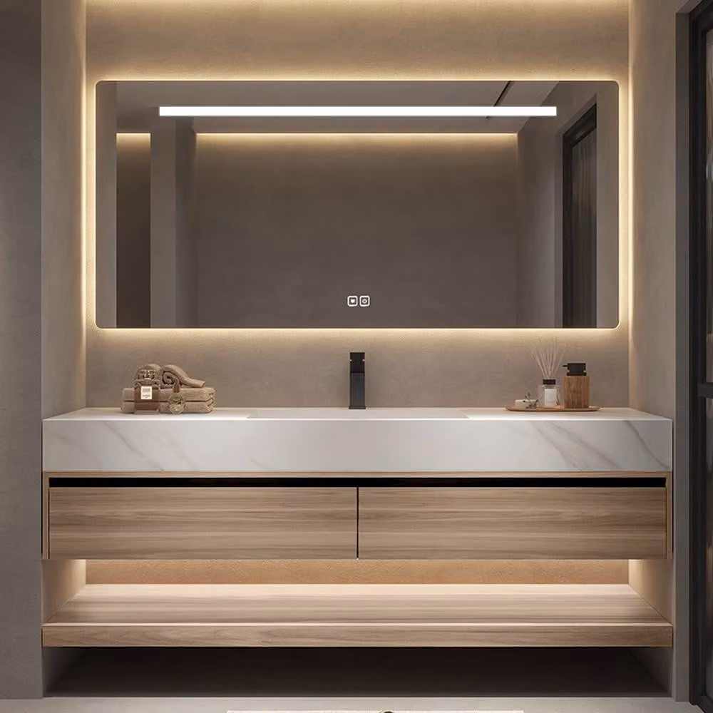 Lavabo in pietra sinterizzata bianco, piano di lavoro in legno massello, mobile sottolavabo con specchio【RW3256-130 K】