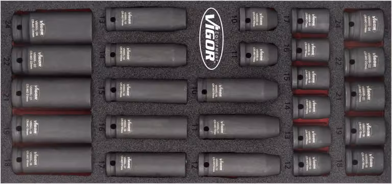 VIGOR V5602 Set di chiavi a bussola ∙Quadro cavo da 1/2 pollice (12,5 mm) ∙ Profilo esagonale esterno ∙ 10 - 24 ∙ Numero di utensili: 26