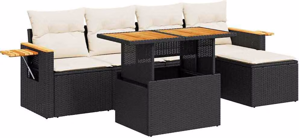 Set Divano da Giardino 6 pz con Cuscini Nero Polyrattan Acacia