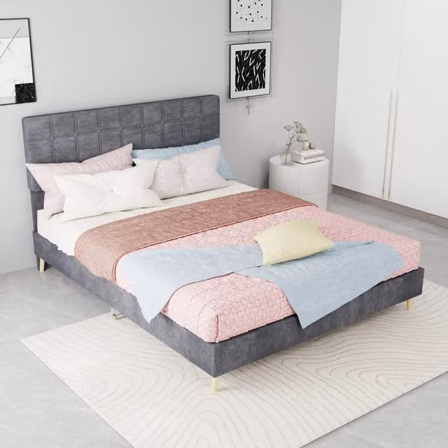 Letto 140x200 cm grigio con testiera capitonné, piedini in legno, senza materasso