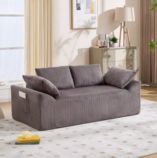 Divano moderno in tessuto a coste disponibile in marrone o grigio con imbottitura in schiuma per soggiorno e camera da letto