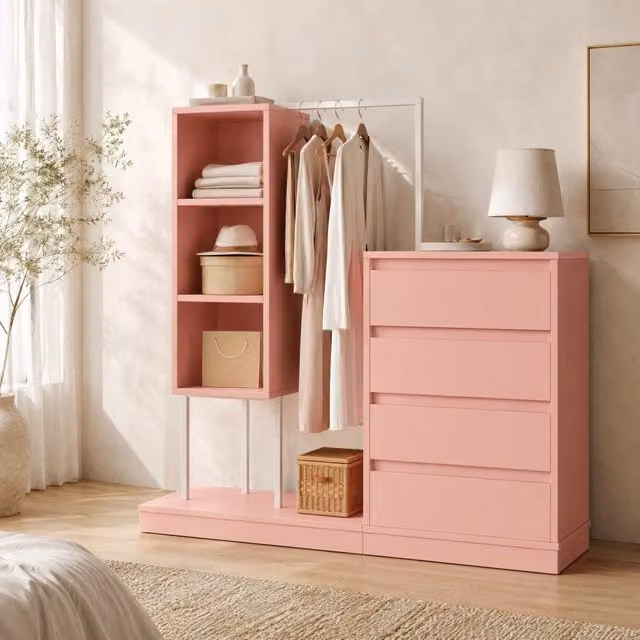 Armadio REDOM con barra appendiabiti, cassetti e ripiani, Rosa e Bianco, L 100 x P 40 x H 135 cm