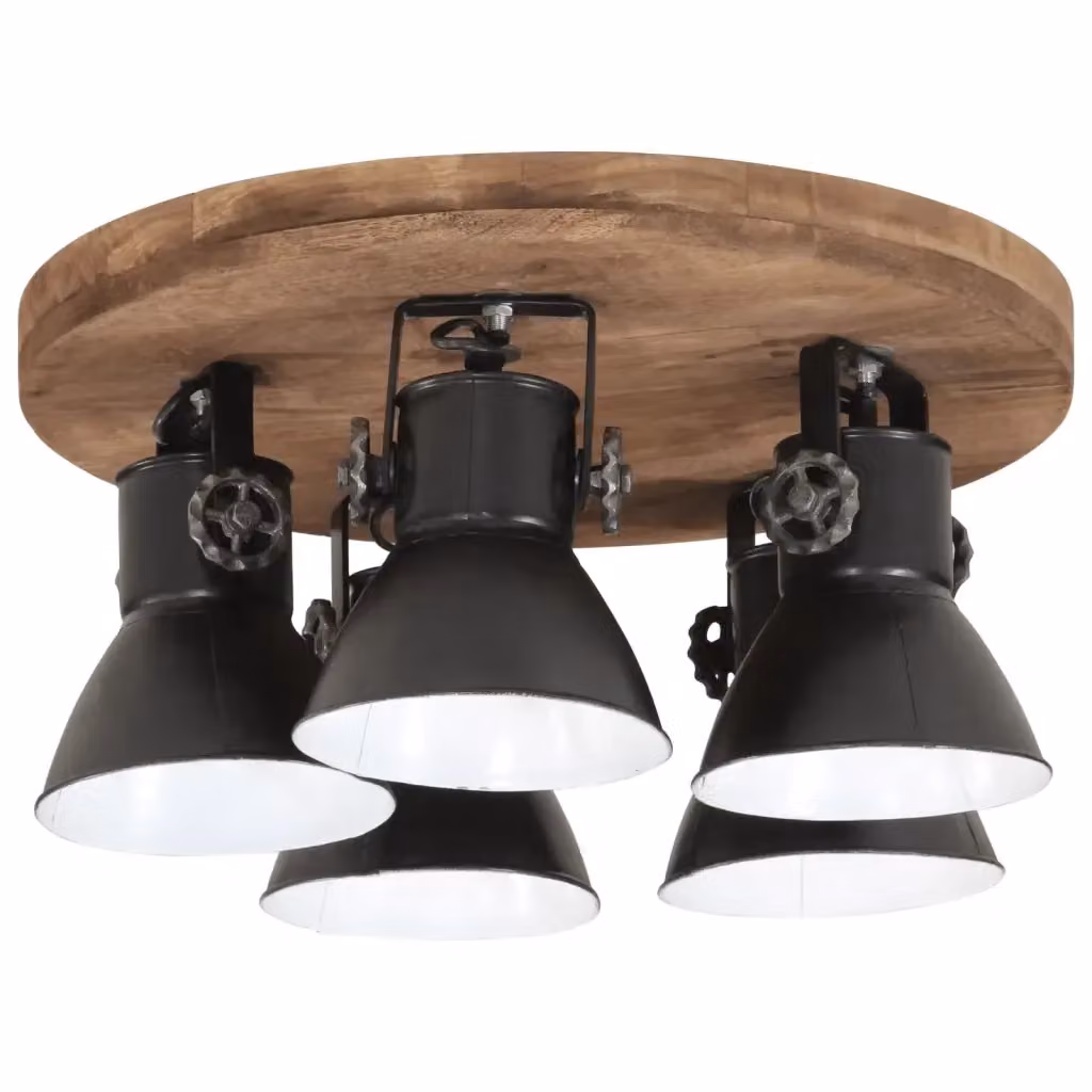 Lampada da Soffitto Industriale vidaXL in Metallo e Legno Nera con Attacco E27 L/P/H: 50 x 50 x 25 cm – 2
