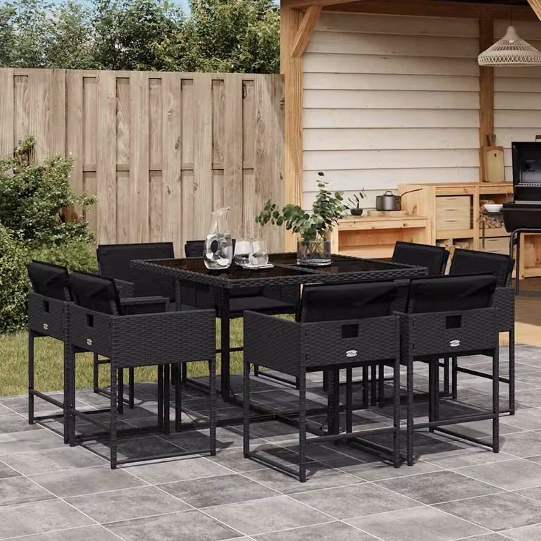 Set da pranzo da giardino vidaXL in polyrattan nero con cuscini e tavolo in vetro, 9 pezzi