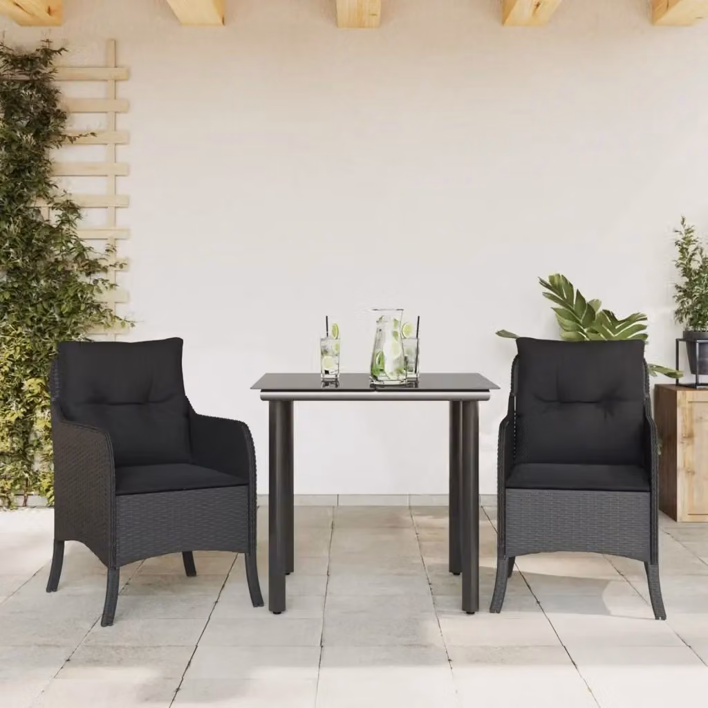Set da Pranzo da Giardino 3 Pezzi in Polyrattan Nero con Piano in Vetro e Tavolo a Ribalta – 2