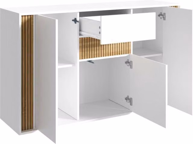 Sideboard in bianco con venature naturali in legno, 3 ante, 1 cassetto e illuminazione LED regolabile, 140×40×82 cm