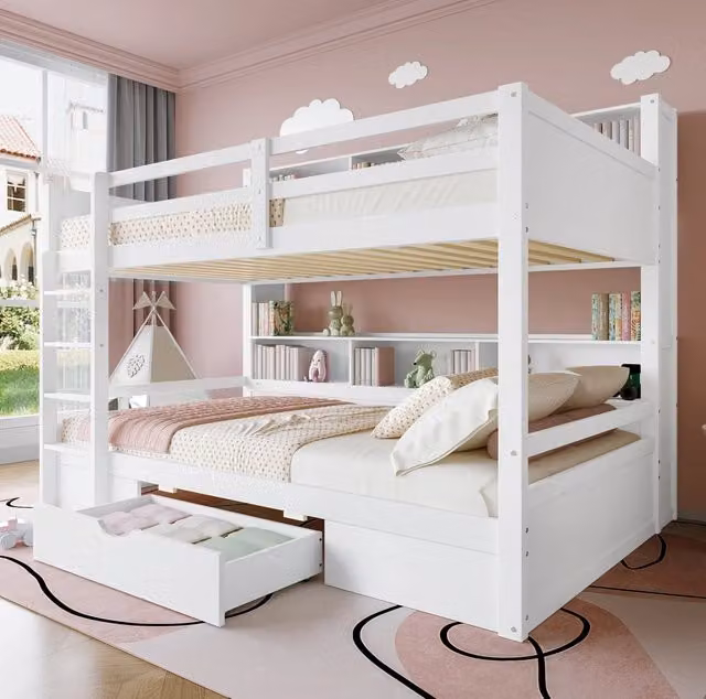 Letto a castello 90x200 cm con cassetto e ripiani; pino massello e MDF; bianco