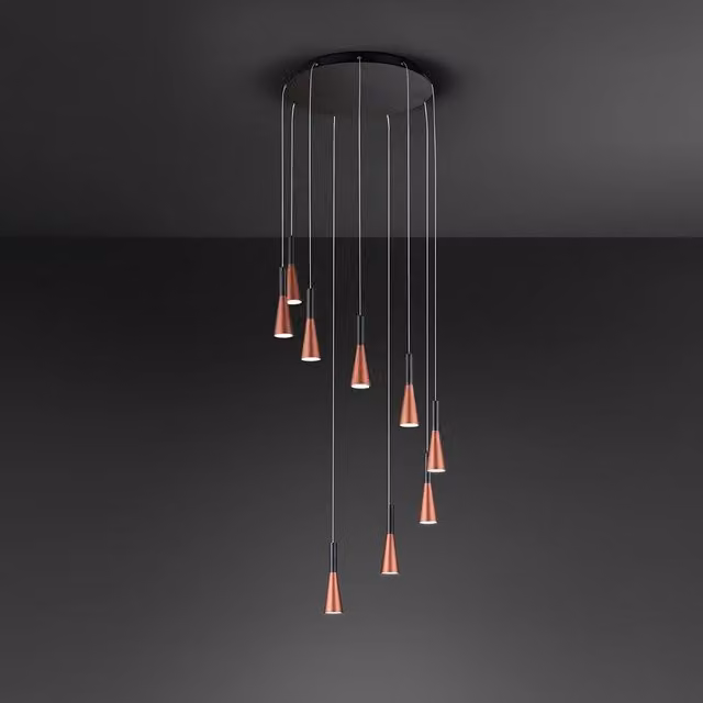Lampadario Minimal Cone Metallo Oro Acrilico Nero 9 Luci Led 7W 3000K