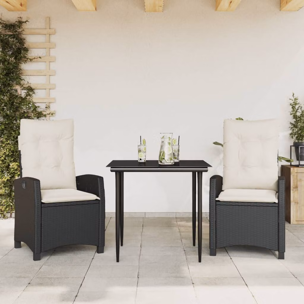 Set da Pranzo da Giardino 3 pz vidaXL in Polyrattan Nero con Cuscini e Tavolo in Vetro – 1