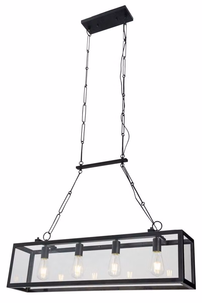 Lampada a sospensione Casa Padrino, modello Luxus, nera. Dimensioni: 91,5 x 17,6 x 29,1 cm. Lampada a sospensione con struttura in metallo forgiato e pannelli in vetro
