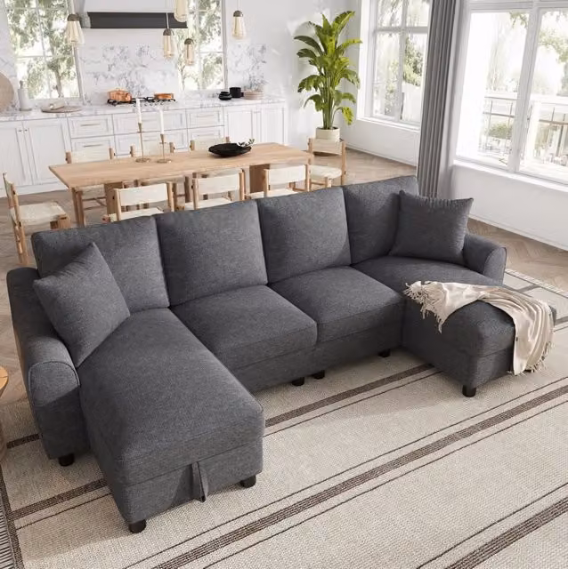 Divano a U in ciniglia con chaise longue contenitore; 280 × 137 × 84 cm; grigio