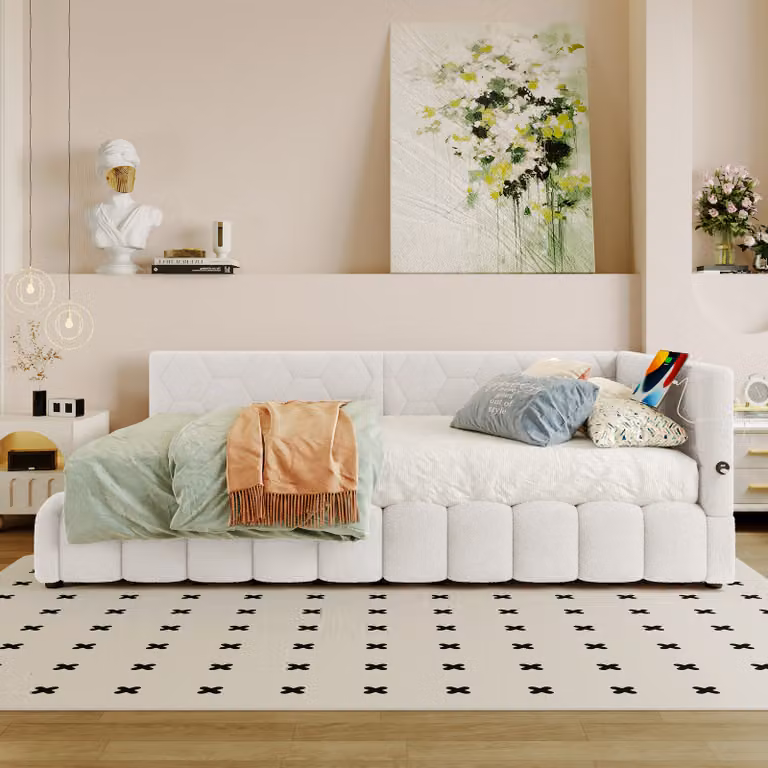 Letto singolo okwish 90x200 con porta USB e connettore di tipo C, divano letto con LED e contenitore, colore bianco, senza materasso