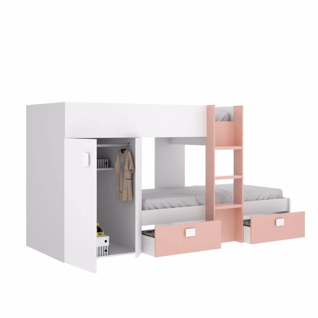 Cameretta completa per bambini Araba DMORA con letto a castello, armadio e cassetti, Bianco e Rosa, L: 271 cm, P: 111 cm, H: 150 cm – 2