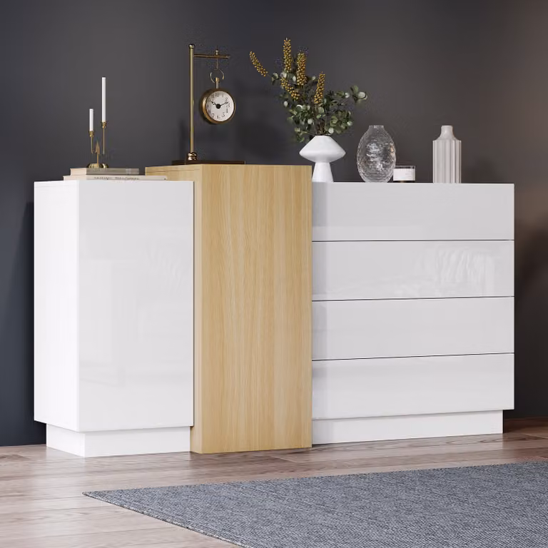 okwish Mobile da cucina, cassettiera, mobile aggiuntivo, mobile buffet, bianco lucido, mobile da pranzo con contenitore