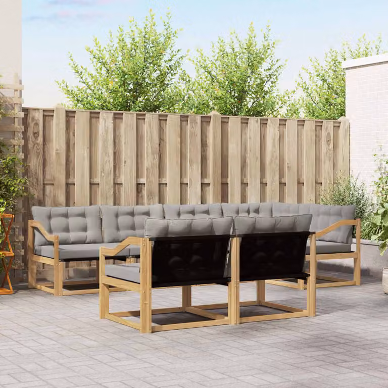 Set di divani da esterno vidaXL a forma di U composto da 7 pezzi in legno di acacia con cuscini bianchi e grigi per giardino e terrazza