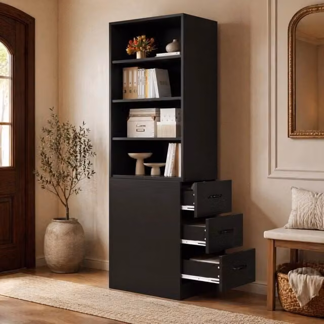 Libreria Mivray moderna in truciolare nero con tre cassetti laterali e due ripiani regolabili L: 60 cm, P: 38 cm, H: 180 cm – 1