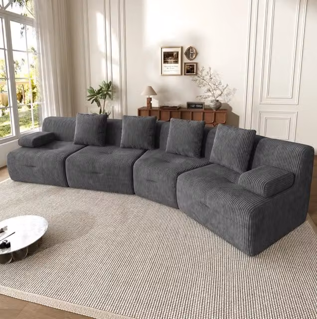 Divano modulare ULEVR 4 posti 311x90x65 cm in velluto a coste grigio scuro con 4 moduli indipendenti
